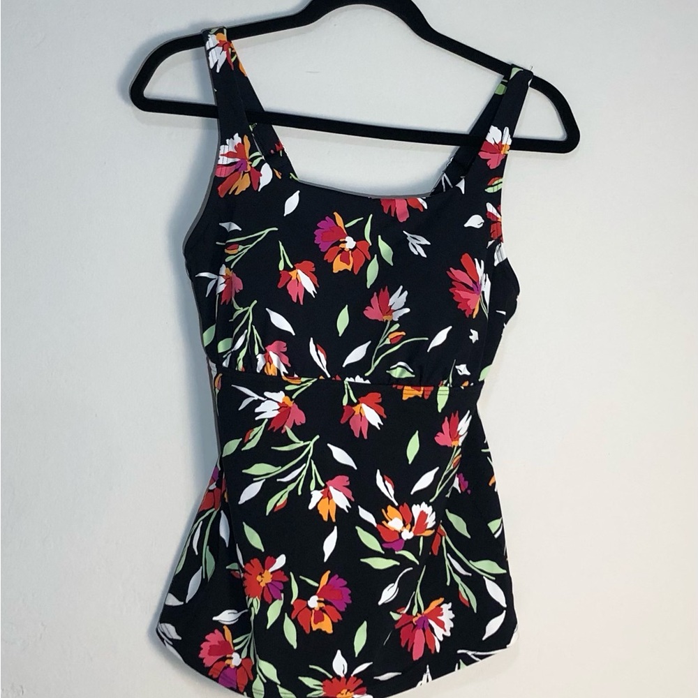 LANDS END Tankini Top SZ 8 Black Floral Multicolored Swimsuit Bathing Suit Top